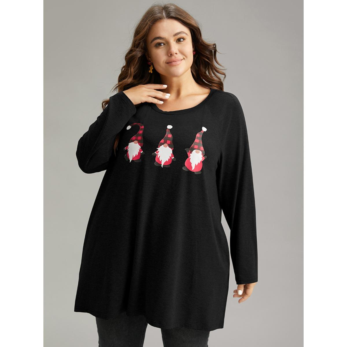 Plus Size Santa Claus Print Long Sleeve T-shirt Black Women Casual Printed Christmas Dailywear T-shirts BloomChic 18-20/2X Product Image