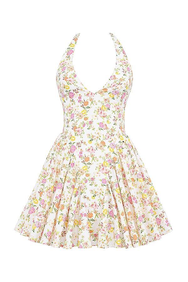 Valentia Ivory Meadow Print Cotton Halter Mini Dress Product Image
