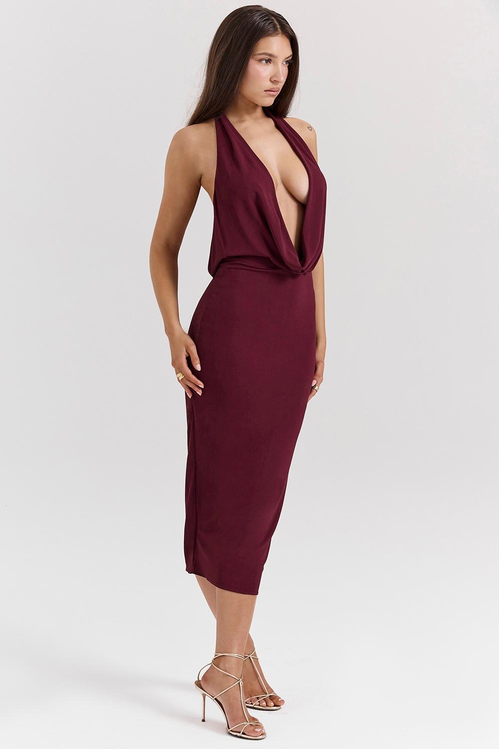 Florentina Merlot Draped Midi Dress Product Image