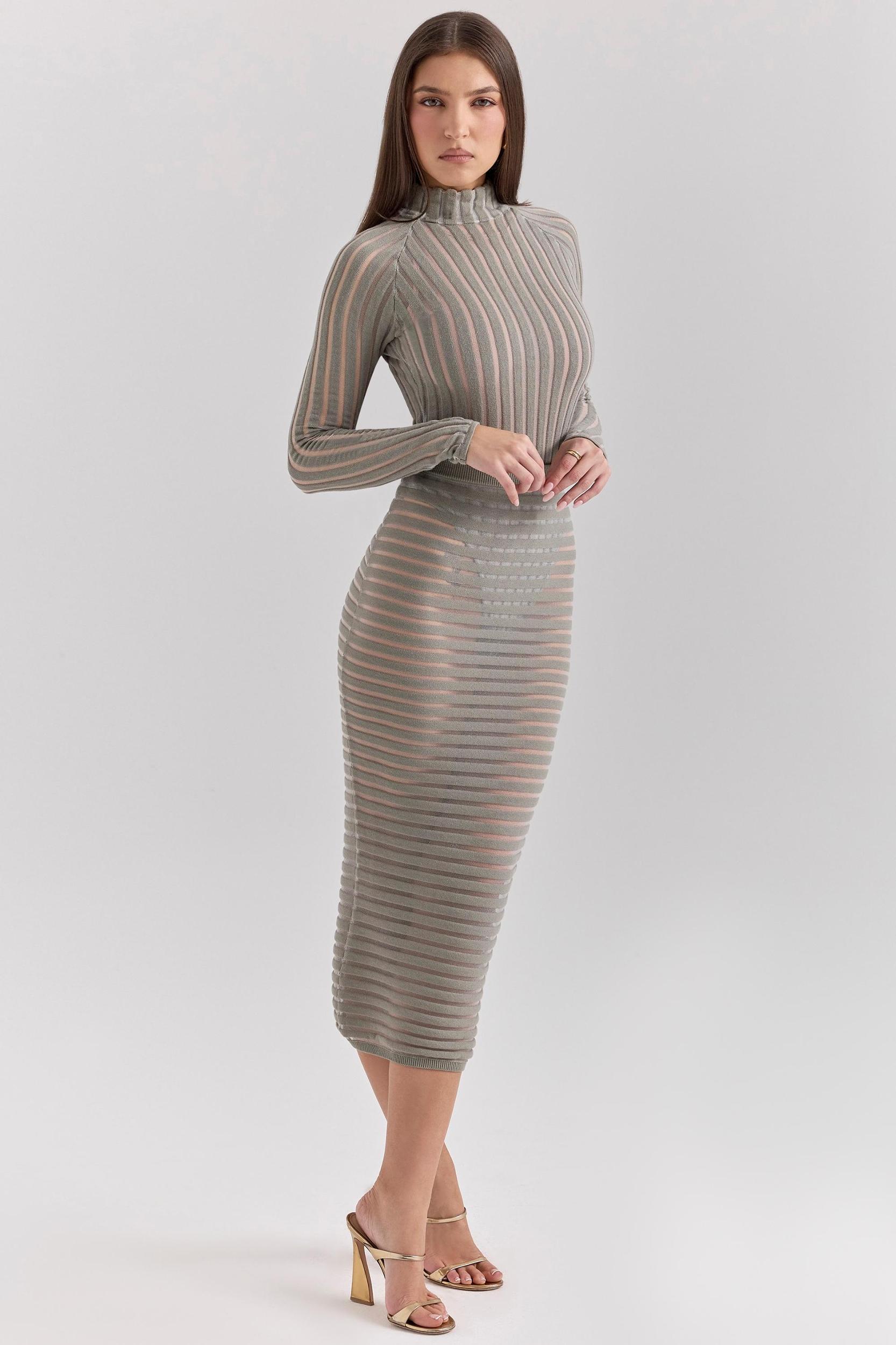 Margo  grey velour sheer striped midi skirt Product Image