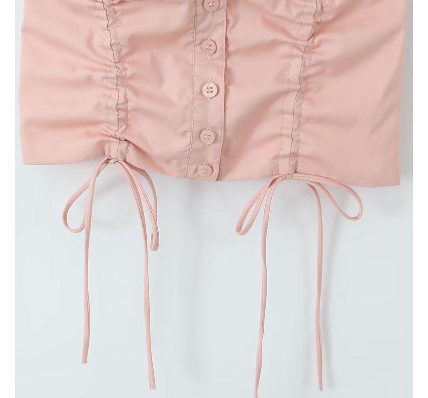Puff-Sleeve Scoop Neck Plain Drawstring Cropped Blouse Product Image