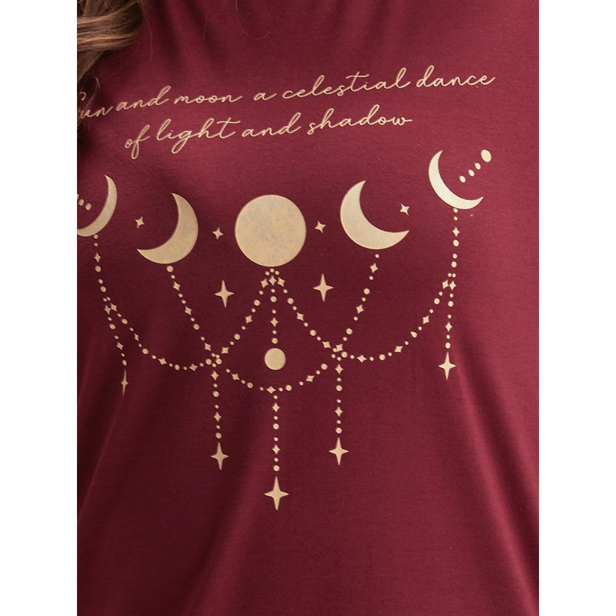 Plus Size Moon & Star Print Round Neck T-shirt Burgundy Women Casual Printed Star and moon Dailywear T-shirts BloomChic 14-16/1X Product Image