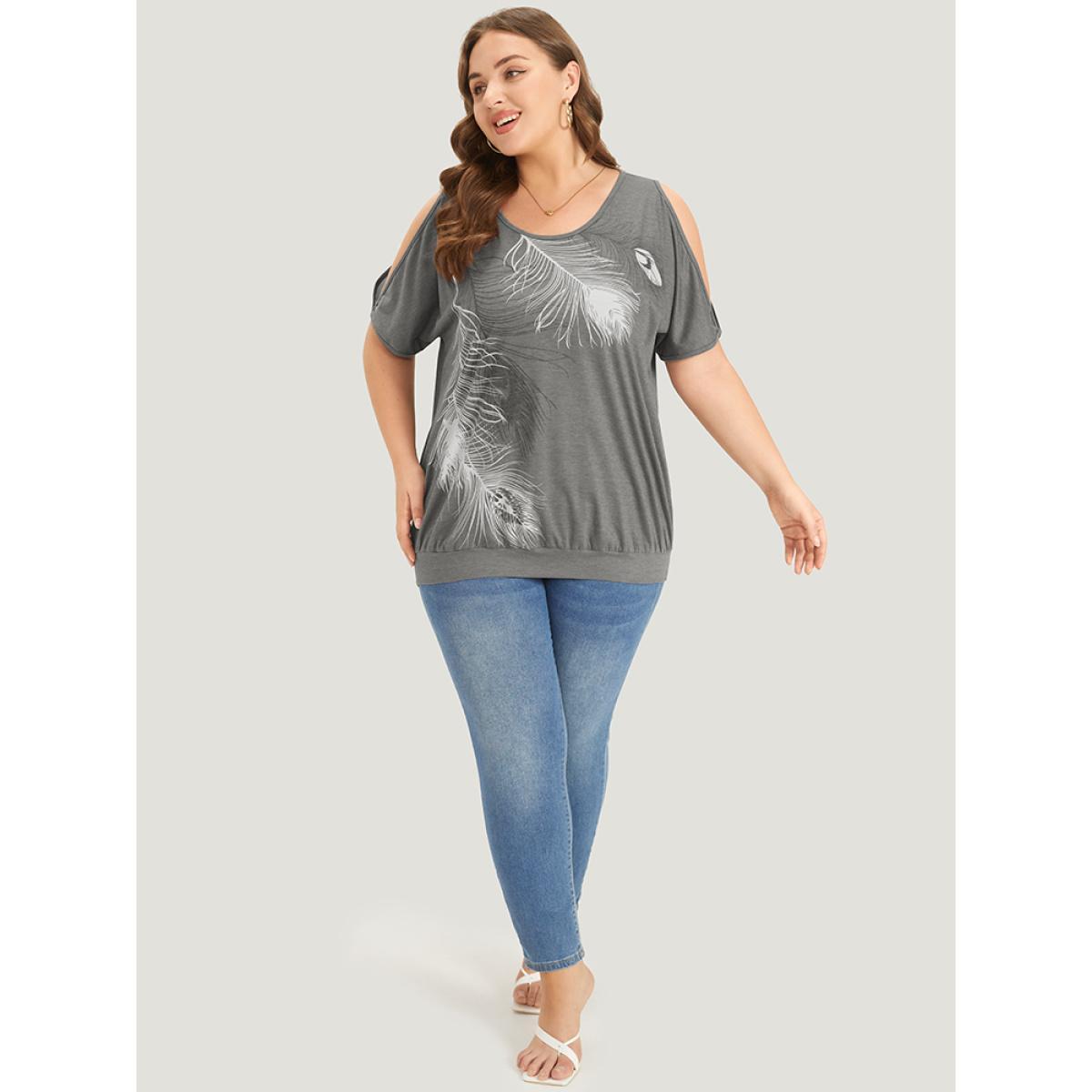 Plus Size Feather Print Cold Shoulder Crew Neck T-shirt Gray Women Elegant Printed Feather Round Neck Dailywear T-shirts BloomChic 26/4X Product Image