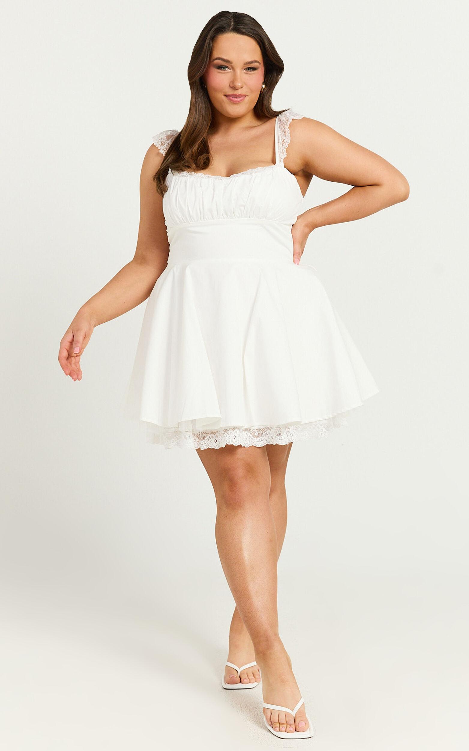 Adalee Mini Dress - Sleeveless Ruched Bodice Lace Trim Dress in Off White Product Image