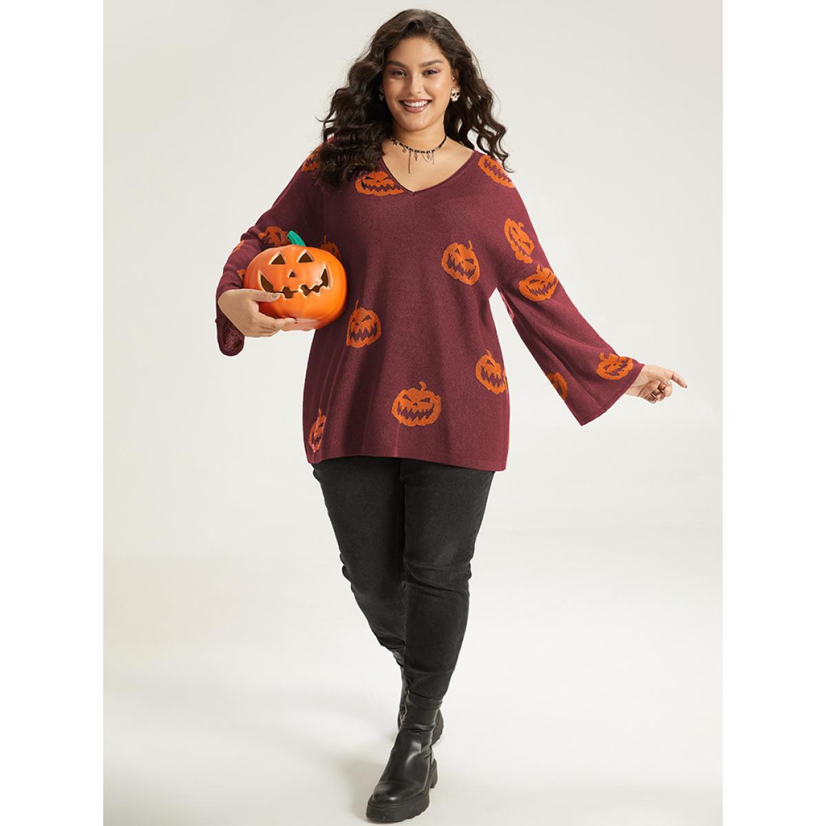 Plus Size Halloween V Neck Bell Sleeve Pullover Burgundy Women Casual Loose Long Sleeve V-neck Dailywear Pullovers BloomChic 30/6X Product Image