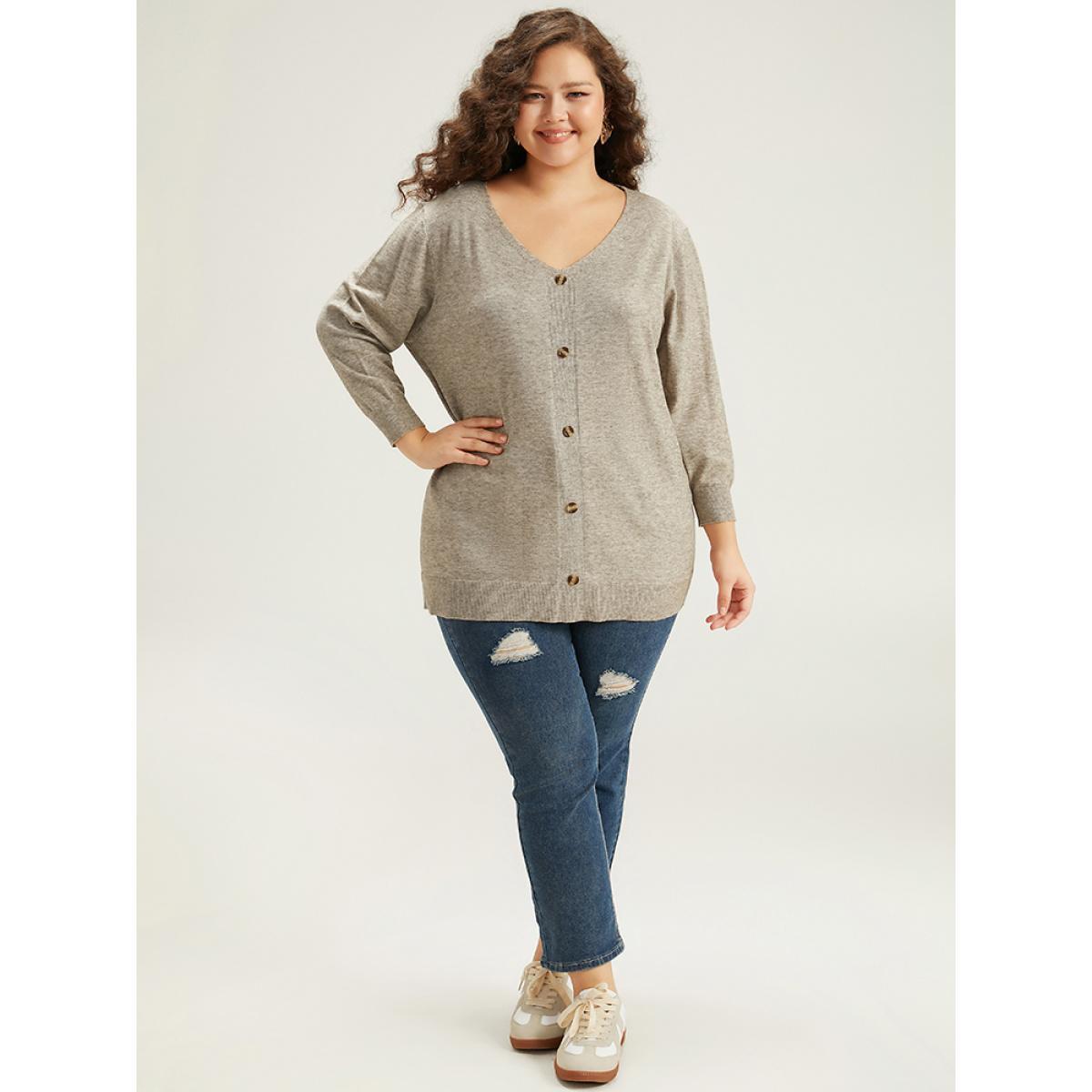 Plus Size Supersoft Essentials Button Detail Solid V Neck Cardigan Champagne Women Casual Elbow-length sleeve Dailywear Cardigans BloomChic 18-20/2X Product Image
