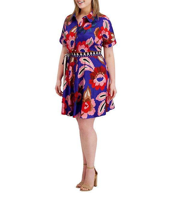 Kensie Plus Size Floral Print Textured Stretch Taffeta Shirt Dress Product Image