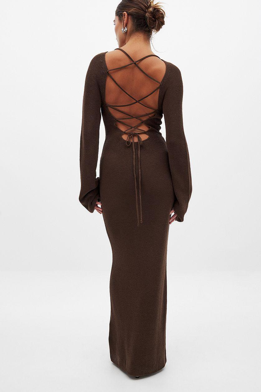 Open Back Lace Detail Knitted Maxi Dress Beige Product Image
