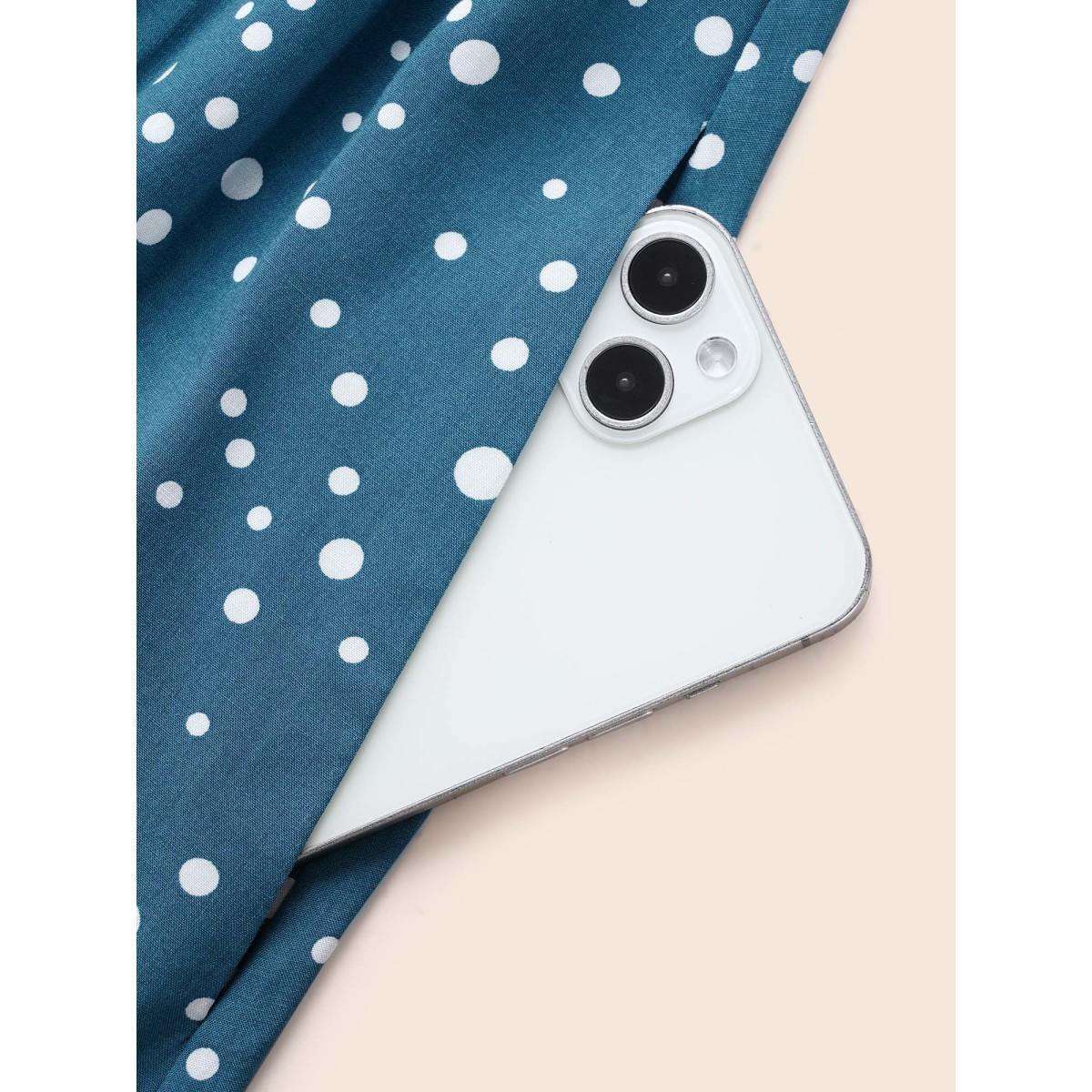 Plus Size Polka Dot Wrap Pocket Shirred Ruffle Sleeve Dress Aegean Women Elegant Patchwork Curvy Midi Dress BloomChic 12/L Product Image