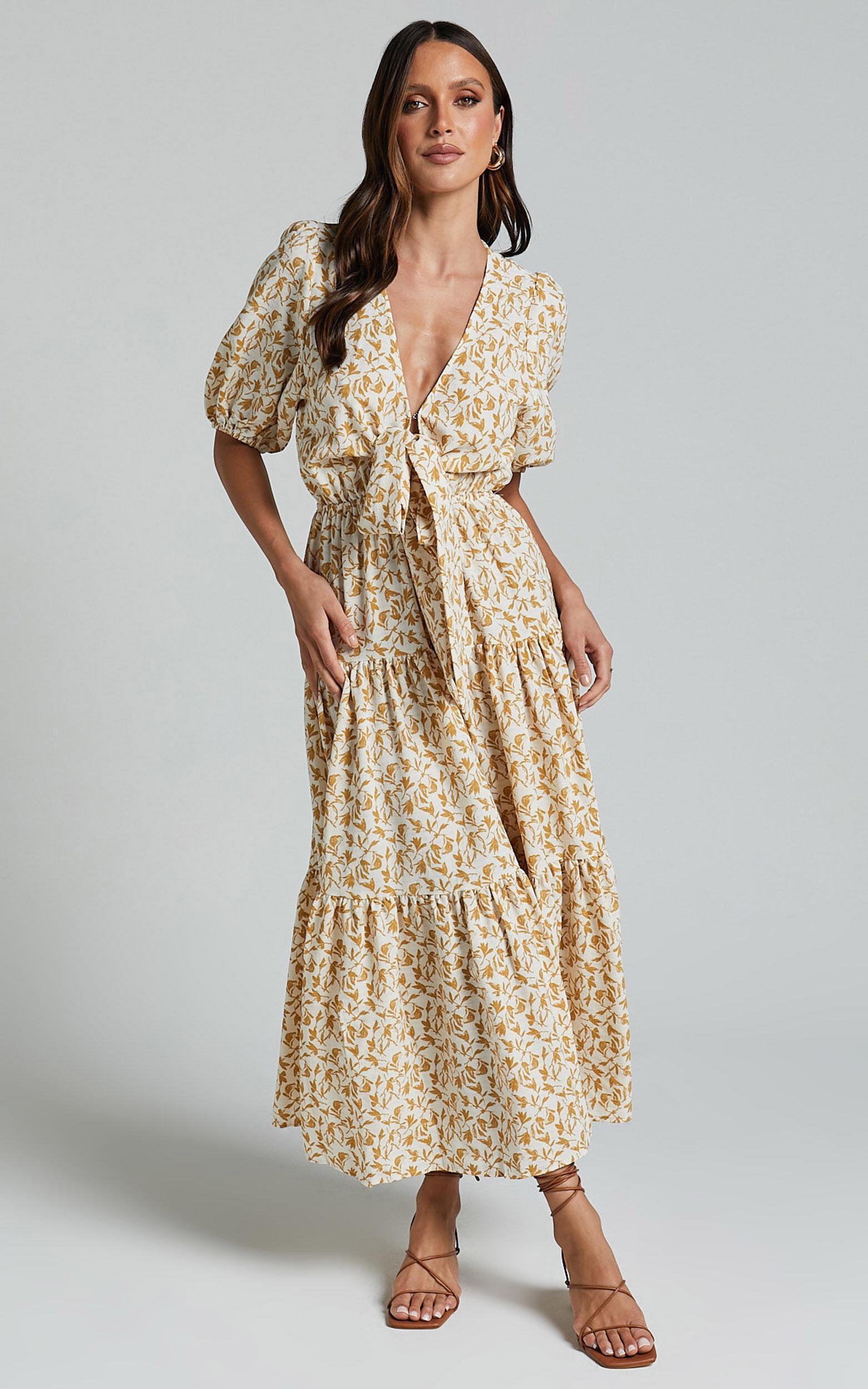 Alena Midi Dress - Short Puff Sleeve Tie Front Tiered Dress in Golden Floral Product Image