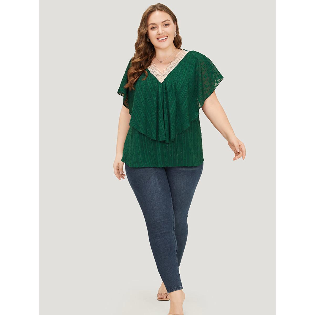Plus Size DarkGreen Solid Textured Flutter Trim Contrast Lace Blouse Women Elegant Short sleeve V-neck Dailywear Blouses BloomChic 28/5X Product Image