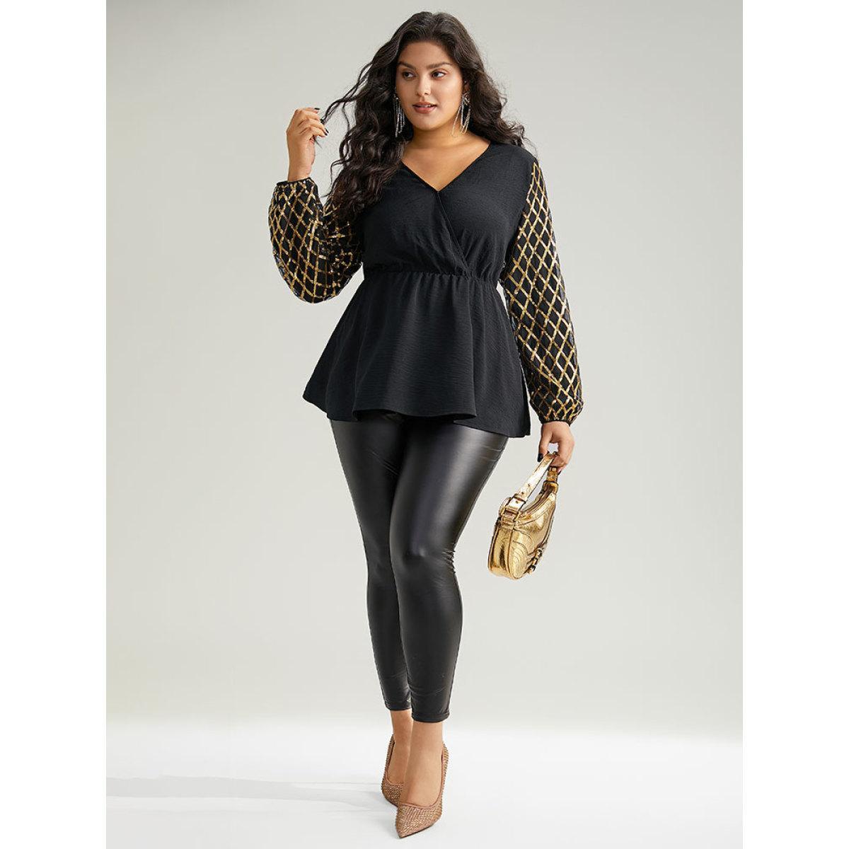 Plus Size Black Plaid Sequin Patchwork Wrap Blouse Women Glamour Long Sleeve Overlap Collar Festival-Christmas Blouses BloomChic 12/L Product Image