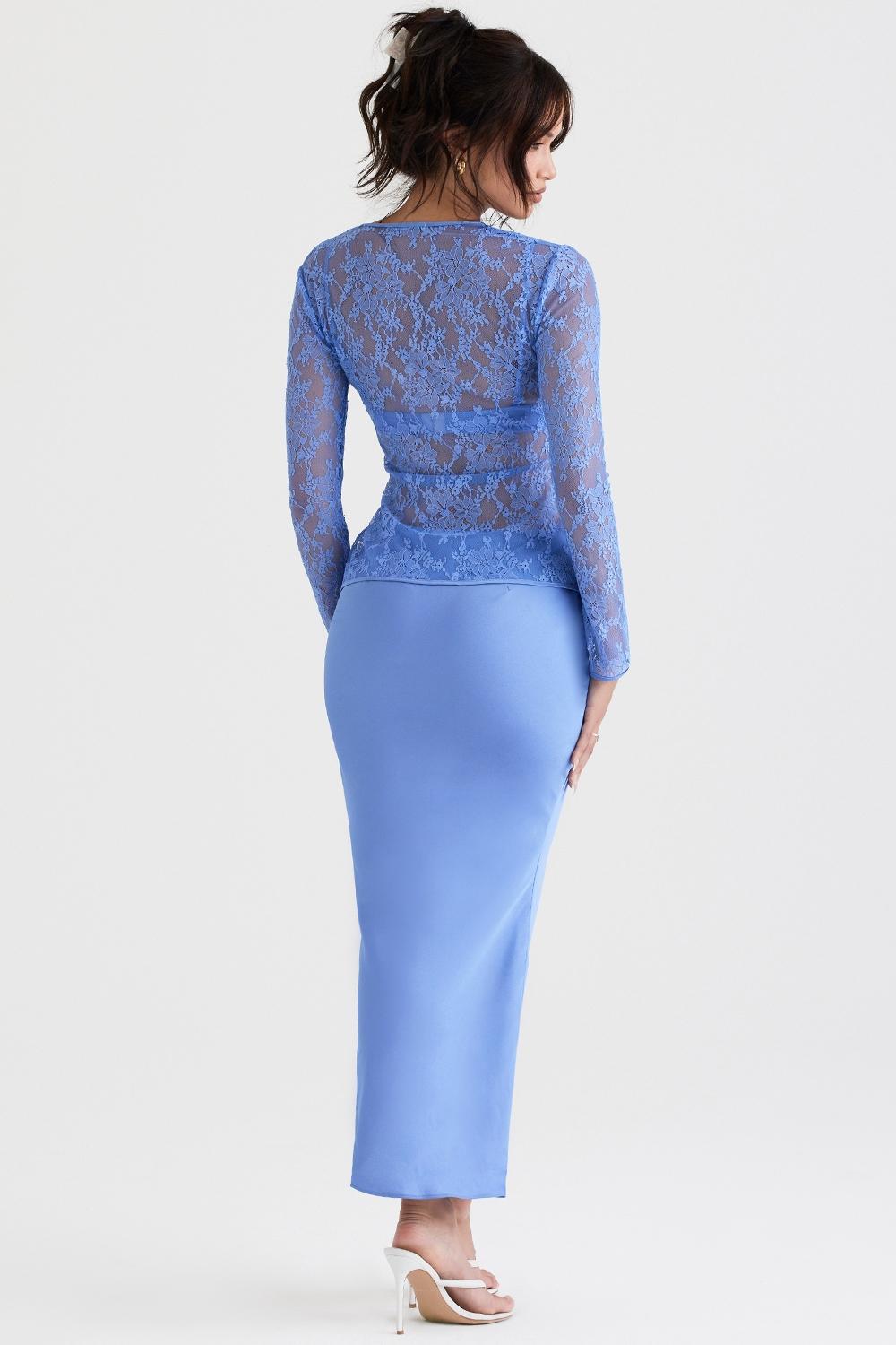 Clara Blue Satin Bias Cut Midi Skirt Product Image