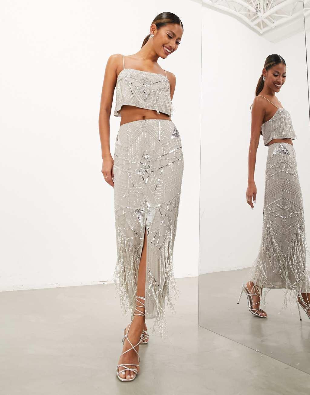 ASOS Edition sequin and fringe artwork midi skirt Product Image