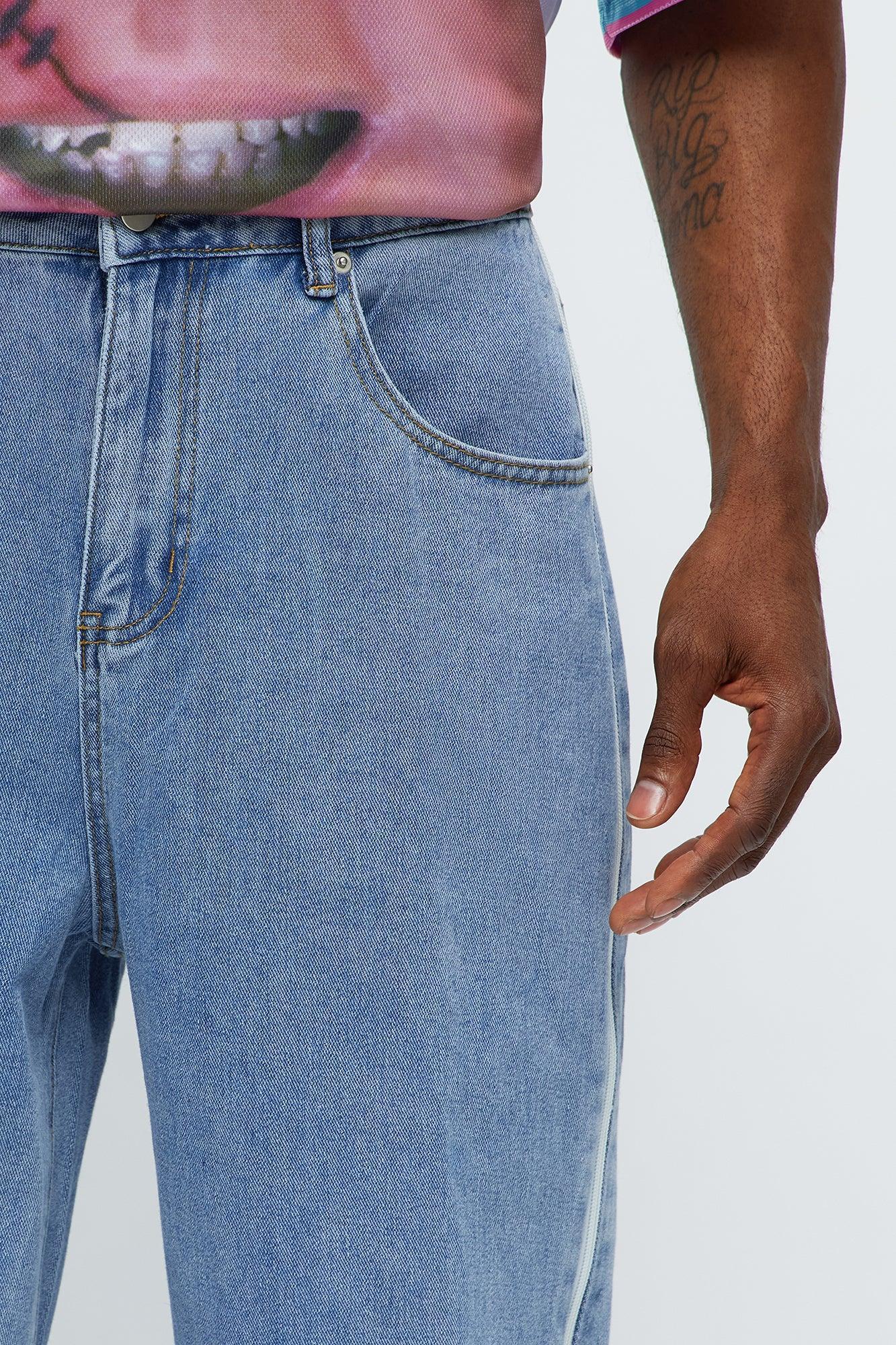 Baggy Side Stripe Zip Hit Jeans - Medium Blue Wash Product Image