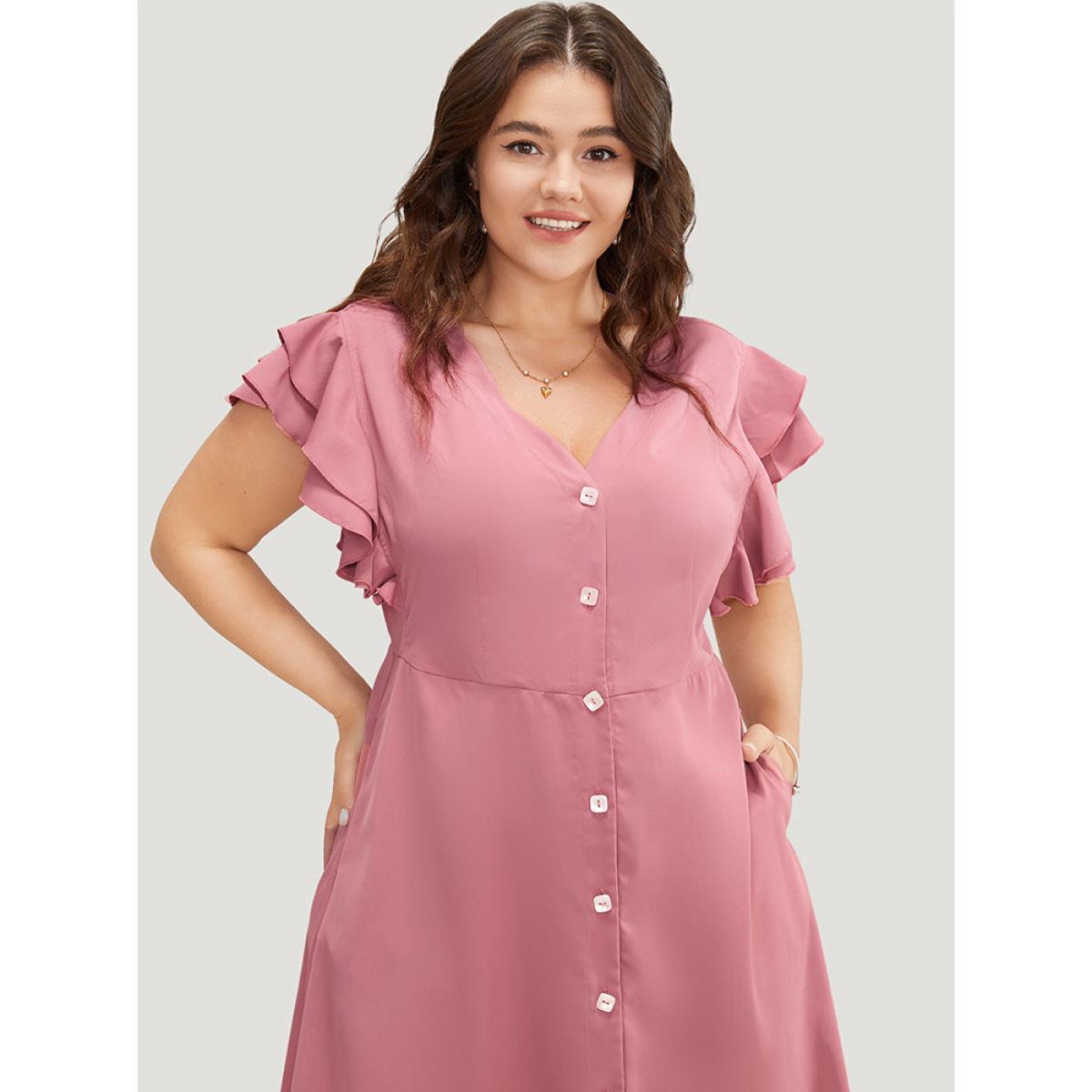 Plus Size Plain Ruffle Sleeve Pocket Tiered Button Up Dress Rouge Women Elegant Button V-neck Short sleeve Curvy Midi Dress BloomChic 12/L Product Image