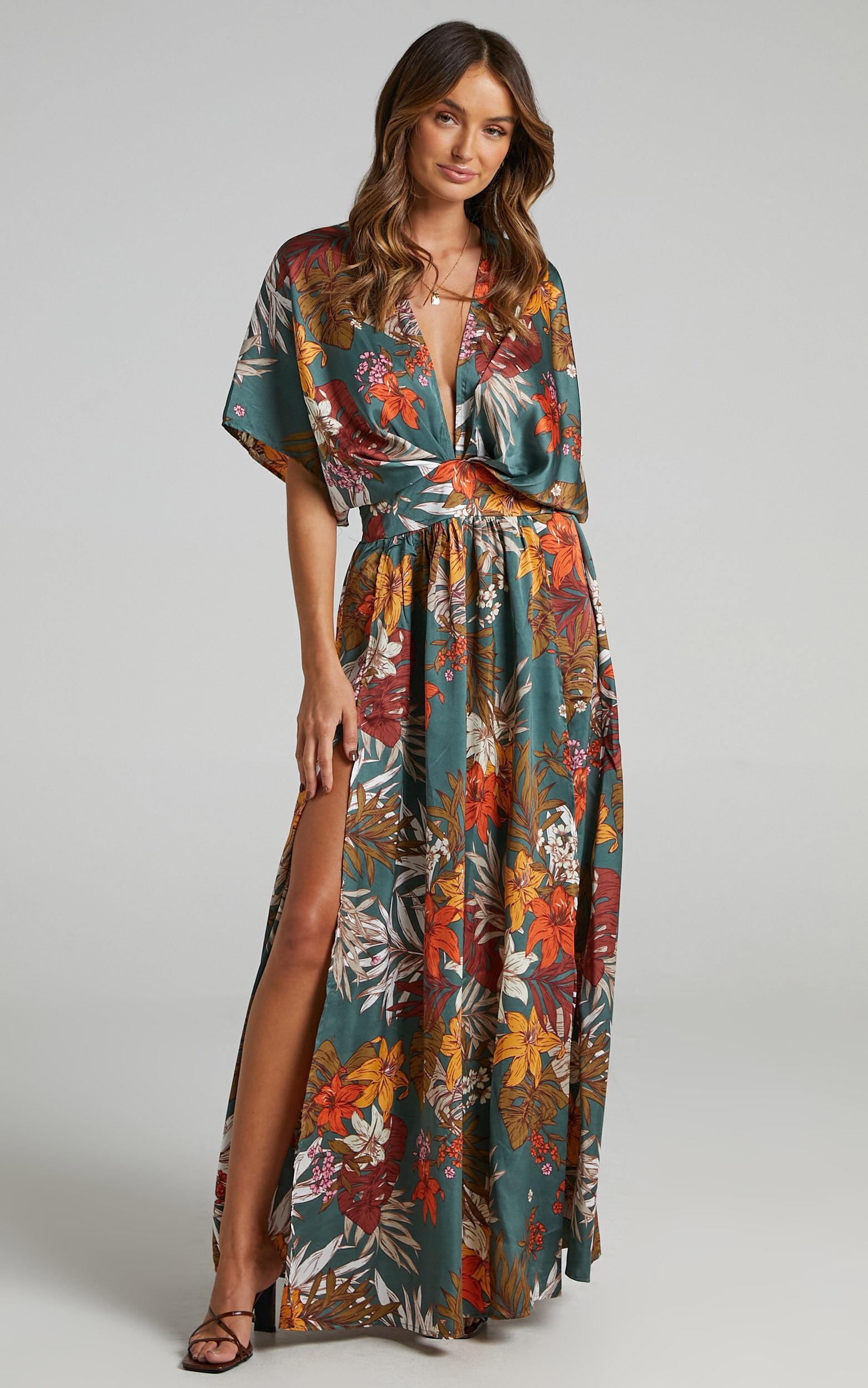 Vacay Ready Maxi Dress - Plunge Thigh Split Dress in Teal Floral Satin Product Image