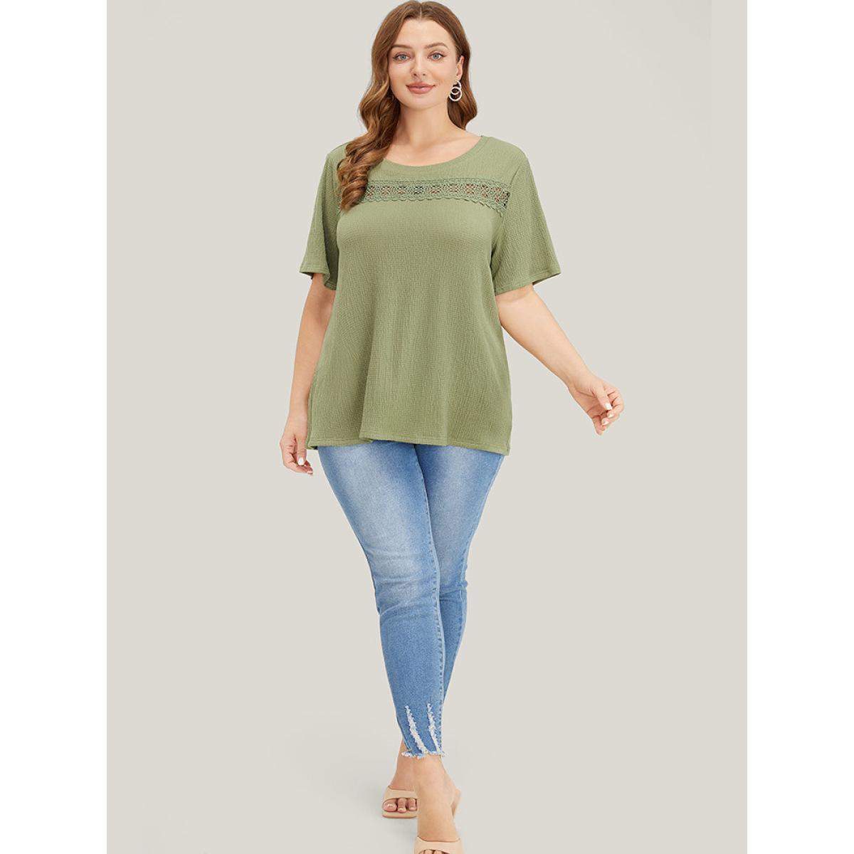 Plus Size Plain Textured Contrast Lace Crew Neck T-shirt Sage Women Elegant Plain Round Neck Dailywear T-shirts BloomChic 14-16/1X Product Image