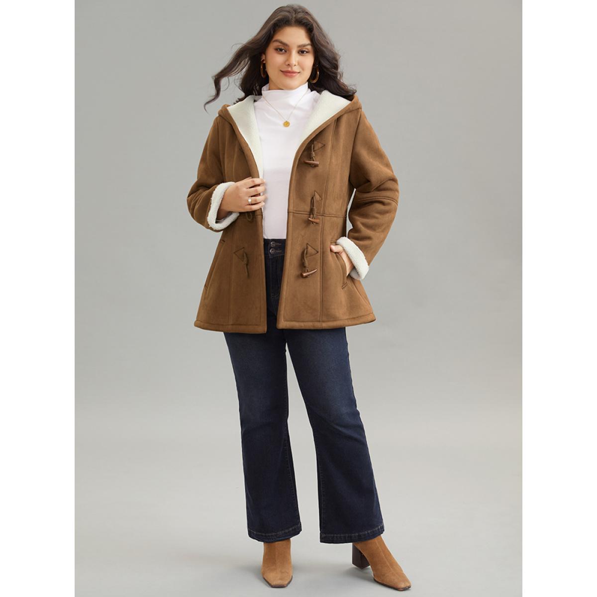 Plus Size Contrast Duffle Button Fluffy Hooded Coat Women DarkBrown Casual Lined Ladies Dailywear Winter Coats BloomChic 22-24/3X Product Image