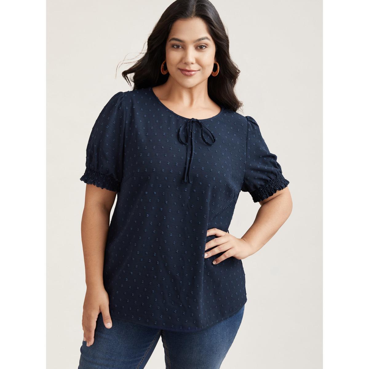 Plus Size Indigo Shirred Puff Sleeve Neck-Tie Shirt Women Resort Short sleeve Round Neck Vacation Blouses BloomChic 26/4X Product Image