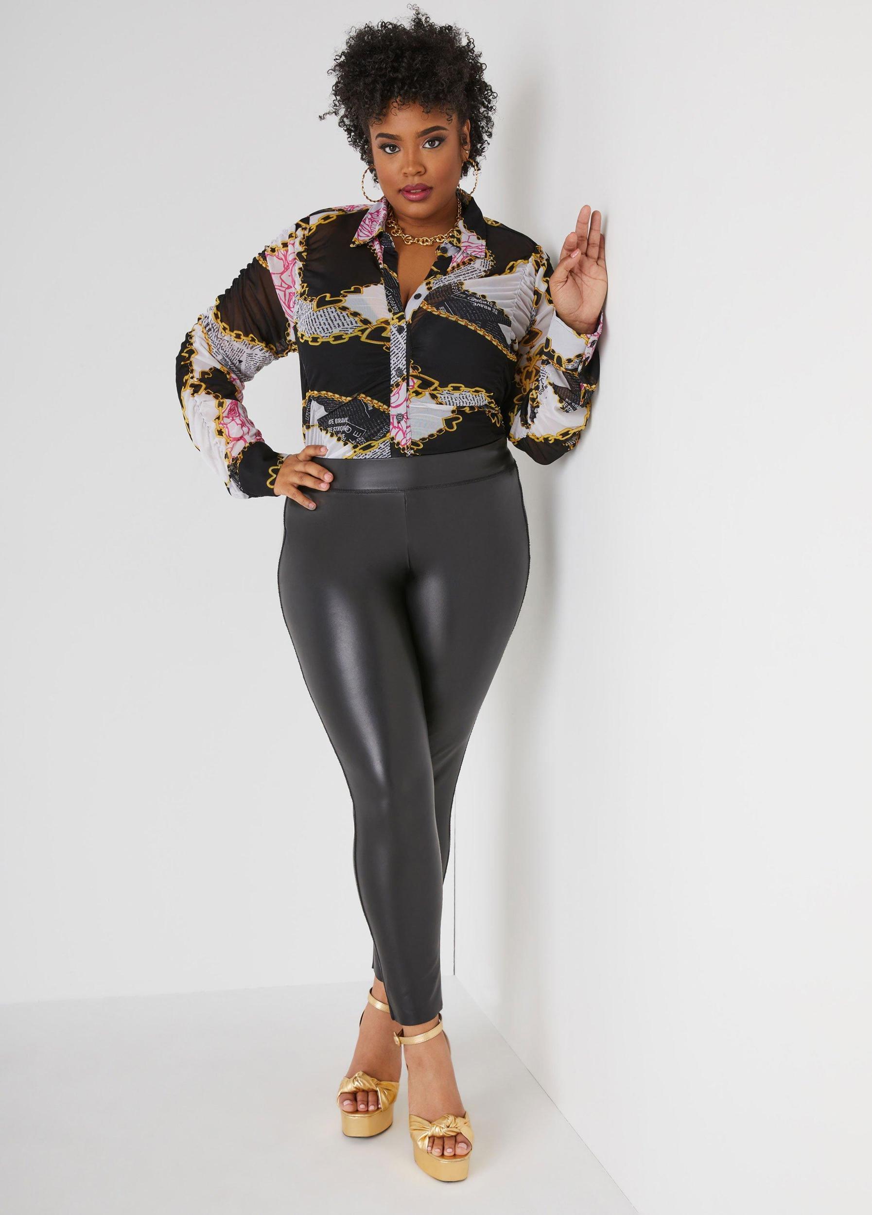 Plus Size Newspaper Print Ruched Mesh Shirt Ashley Stewart Product Image