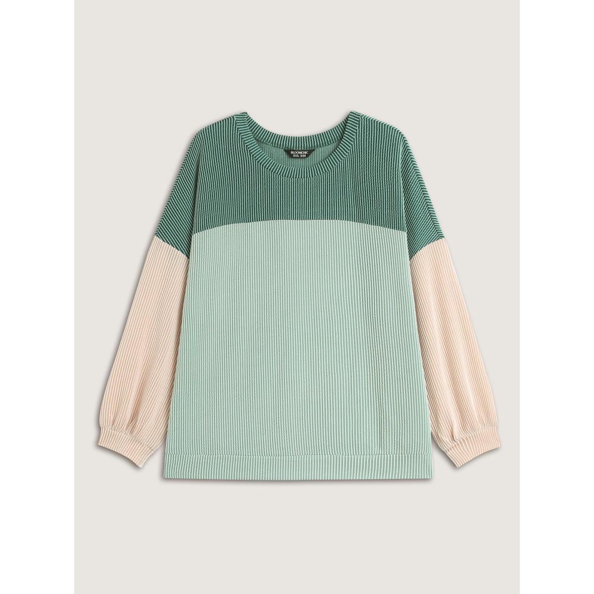 Plus Size Color Block Textured Drop Shoulder Sweatshirt Women Mint Round Neck Everyday-Casual Sweatshirts BloomChic 10/M Product Image