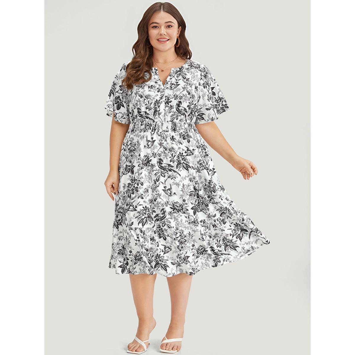 Plus Size Silhouette Floral Print Shirred Notched Pocket Ruffles Dress Black Women Elegant Shirred Notched collar Short sleeve Curvy Midi Dress BloomChic 26/4X Product Image