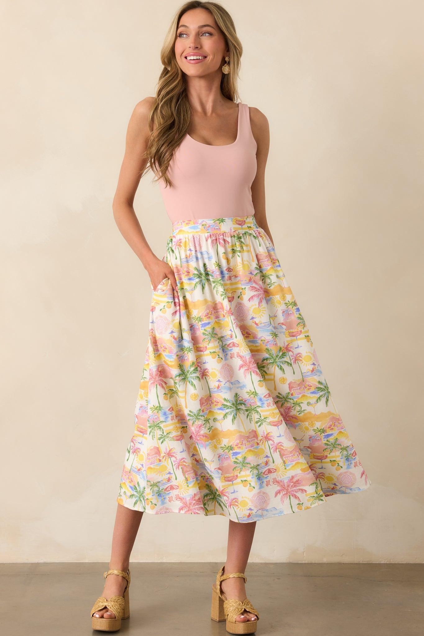 Seaside Bliss Ivory Multi Tropical Print Linen Maxi Skirt Product Image