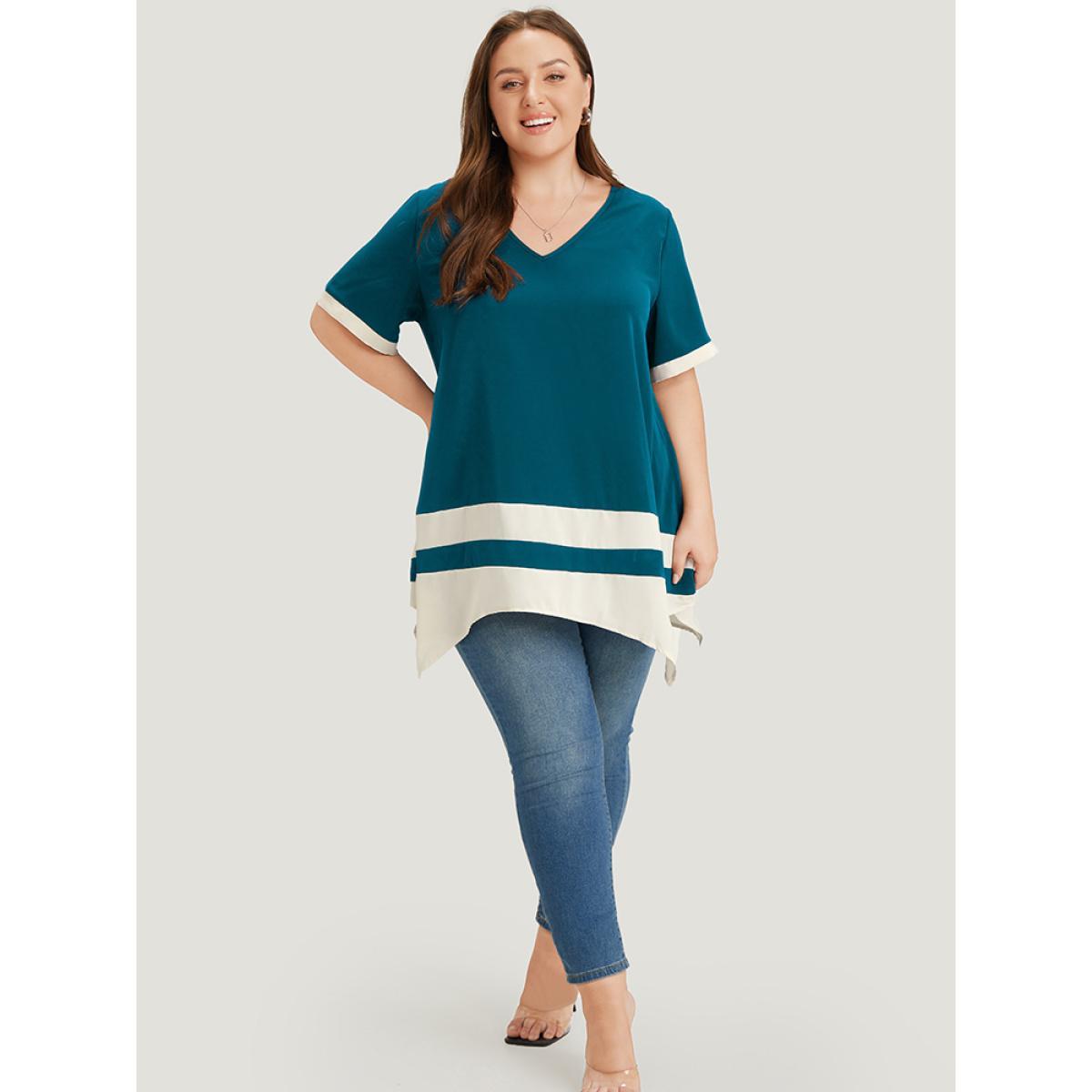 Plus Size Teal Anti-Wrinkle Two Tone Hanky Hem Blouse Women Office Short sleeve V-neck Work Blouses BloomChic 14-16/1X Product Image