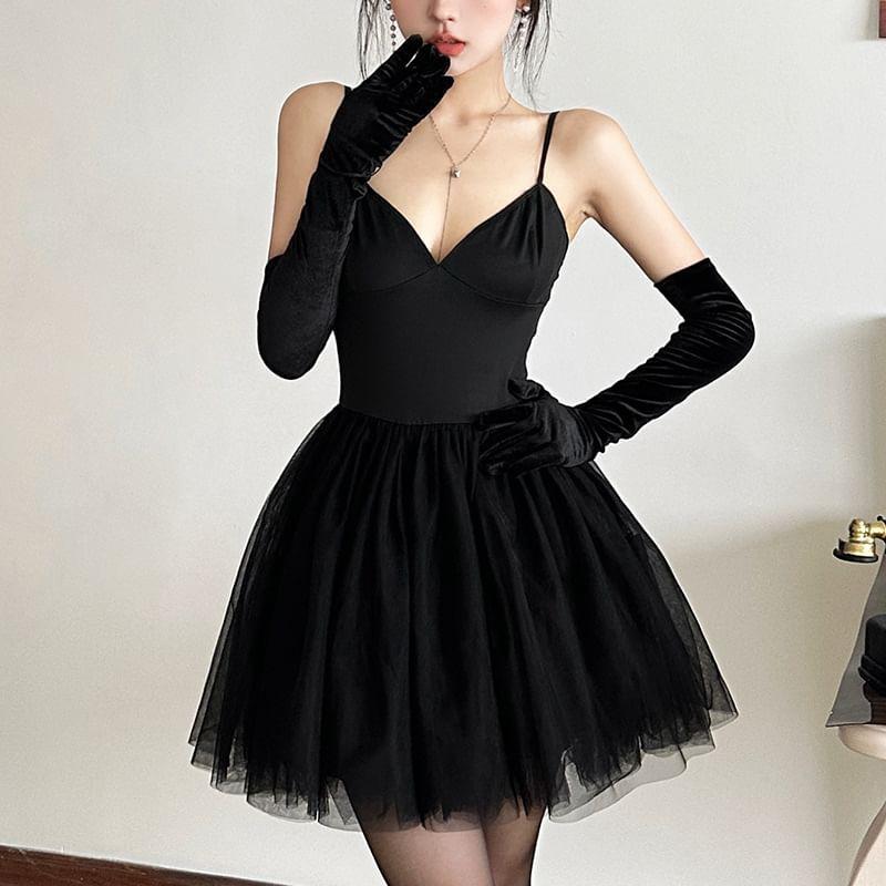 Spaghetti Strap V-Neck Plain Mini Tutu A-Line Dress Product Image