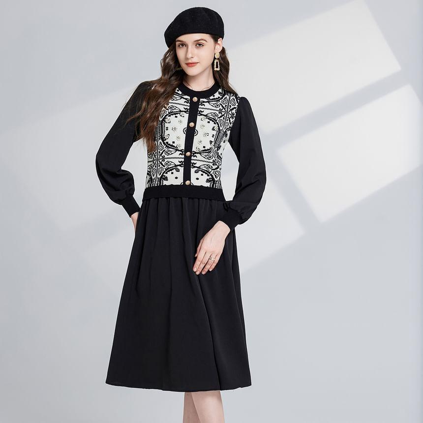Long Sleeve Round Neck Patterned Beaded Panel Knit Midi A-Line Dress Product Image