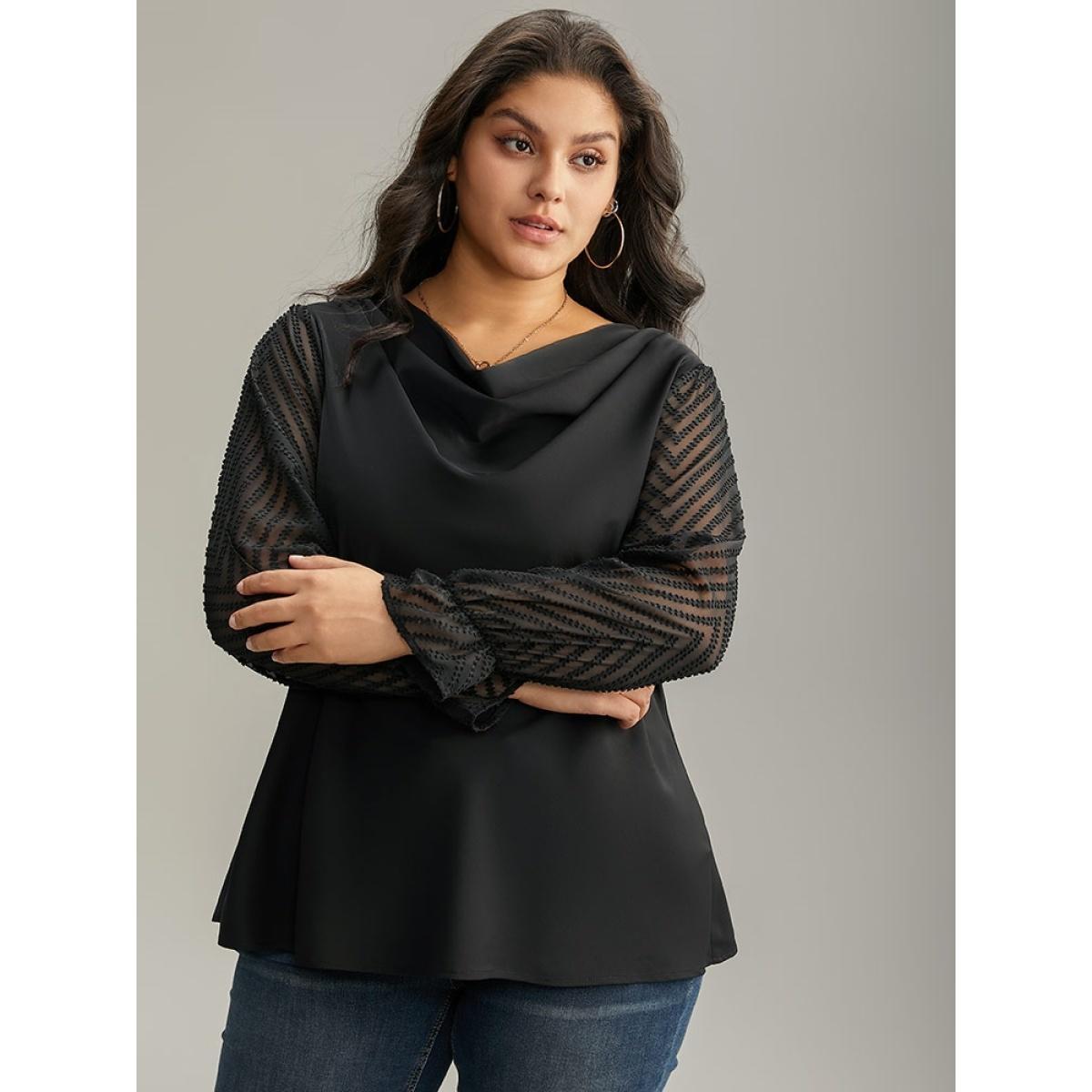 Plus Size Black Patchwork Mesh Texture Cowl Neck Blouse Women Office Long Sleeve Cowl Neck Work Blouses BloomChic 28/5X Product Image