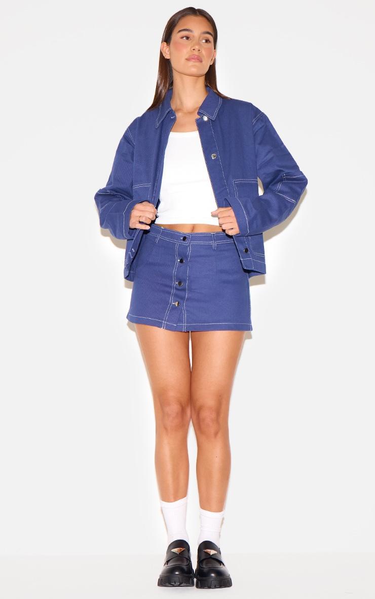  Navy Twill Contrast Stitch Button Down Micro Mini Skirt Product Image