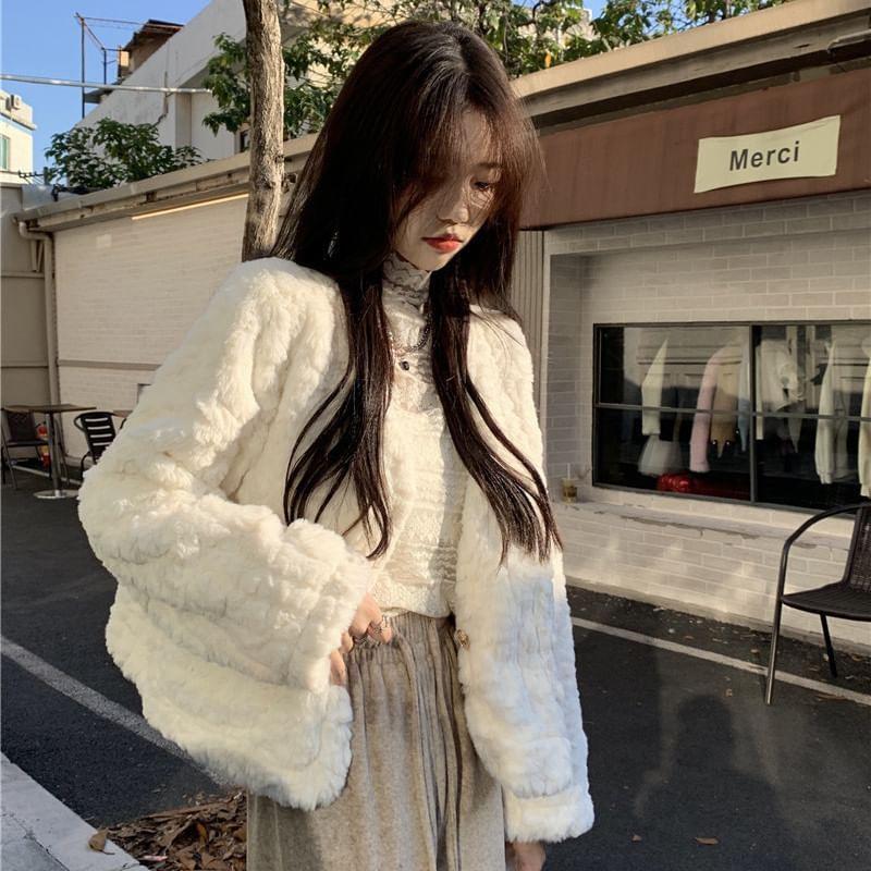 V-Neck Plain Fluffy Button-Up Jacket Product Image