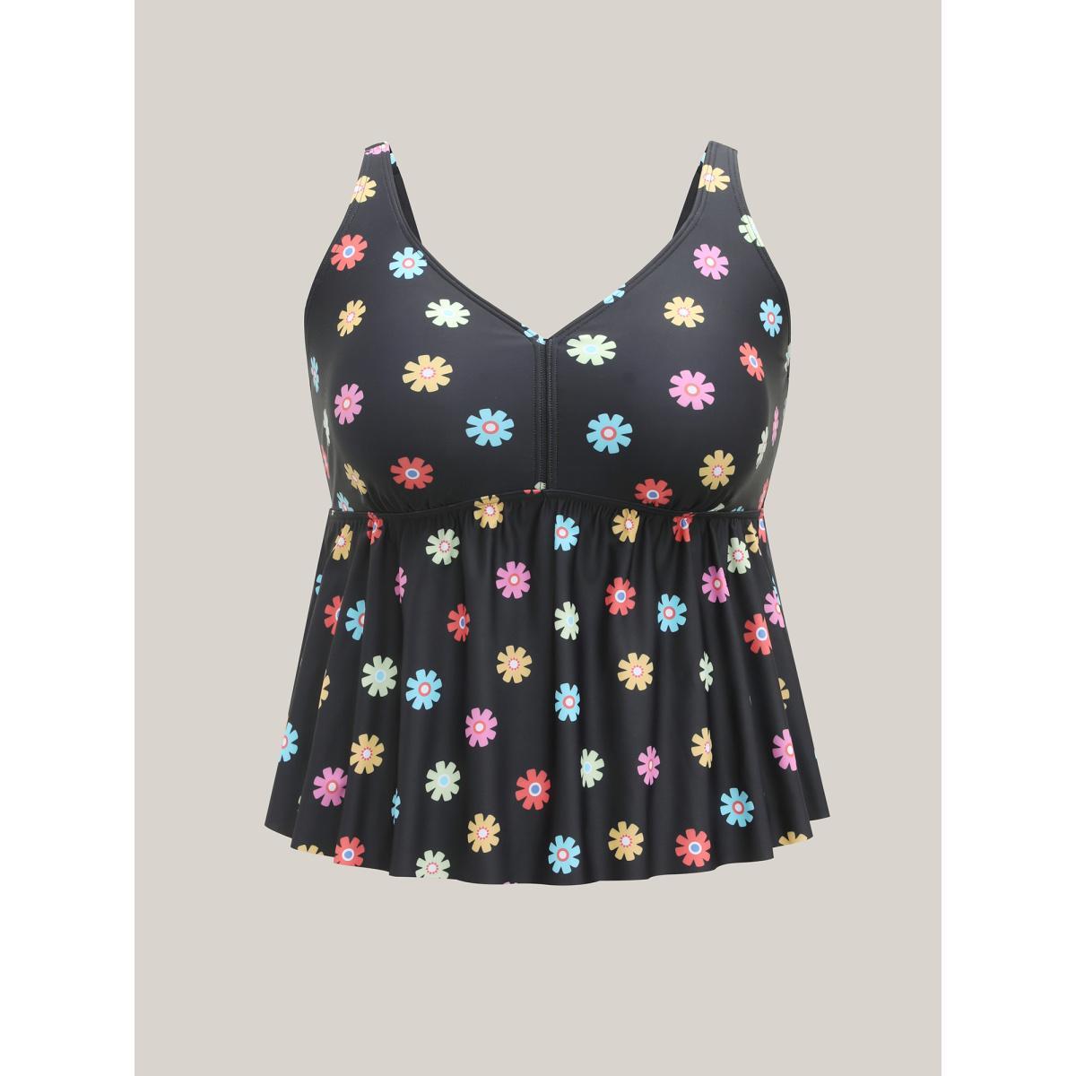 Plus Size Multi-Color Floral Pattern Flared Swim Top Women's Swimwear Black Beach Gathered High stretch Bodycon Heart neckline Curve Swim Tops BloomChic 30/6X Product Image