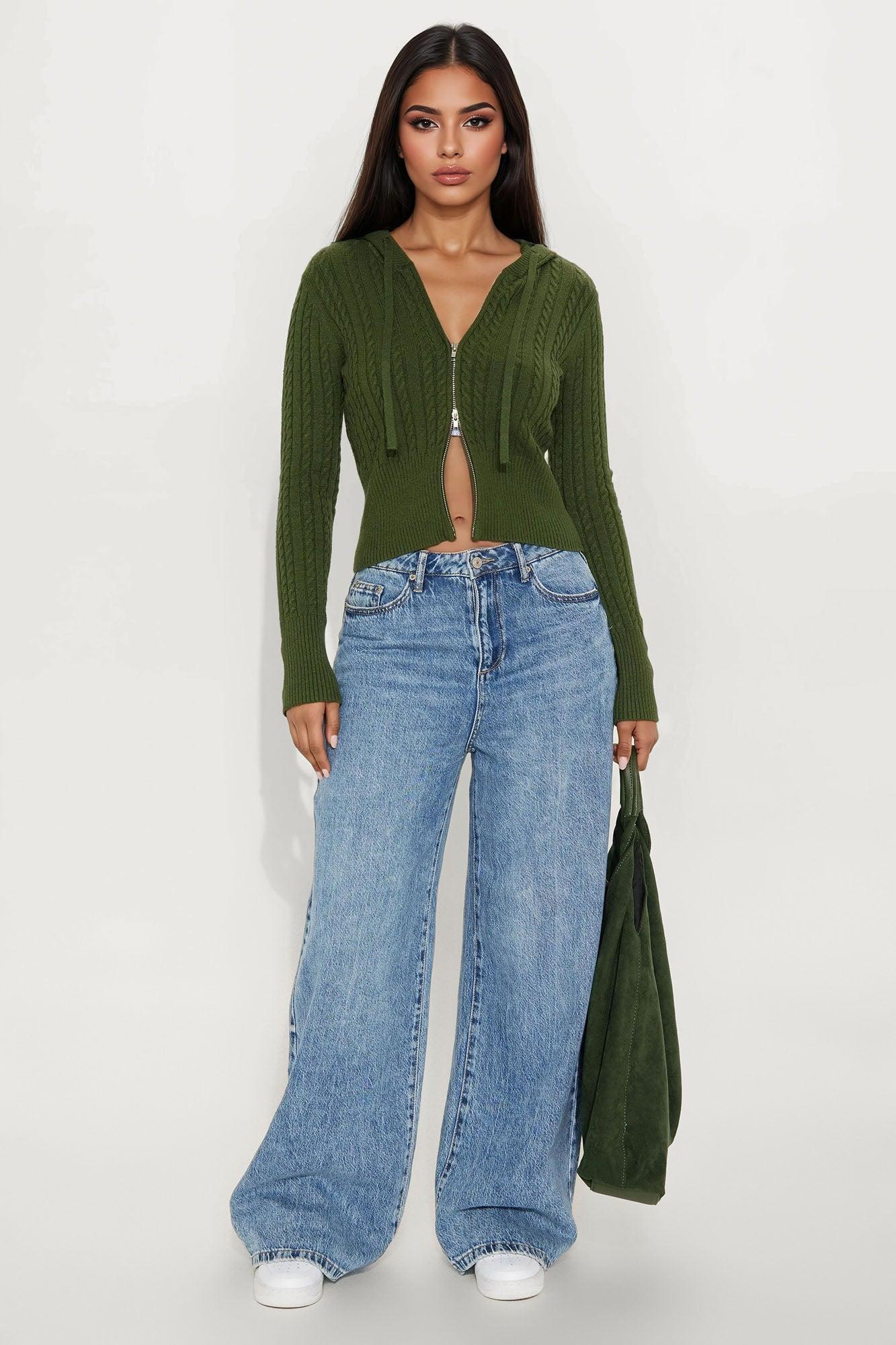 Kennedy Cable Knit Zip Front Hooded Sweater - Olive Product Image