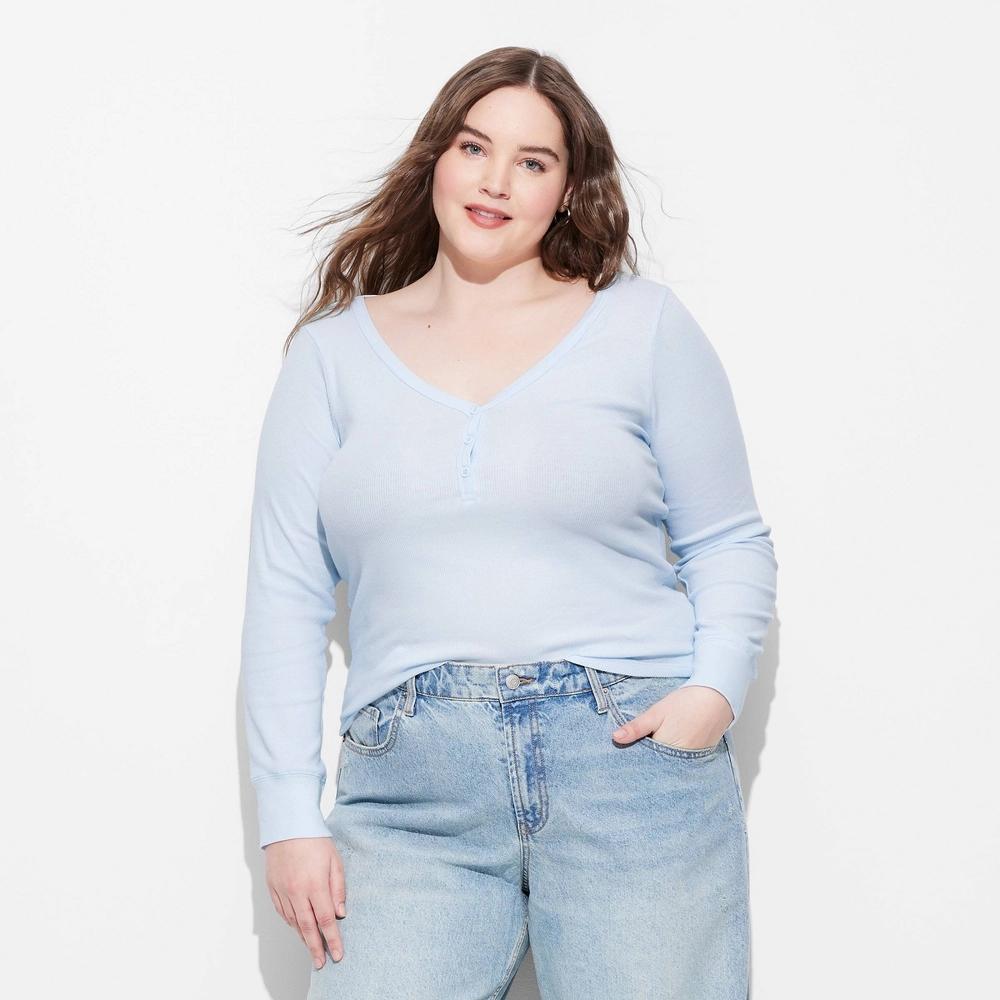 Womens Long Sleeve Henley T-Shirt - Wild Fable Light Blue 4X: Lightweight, Pullover, Plus Size Product Image