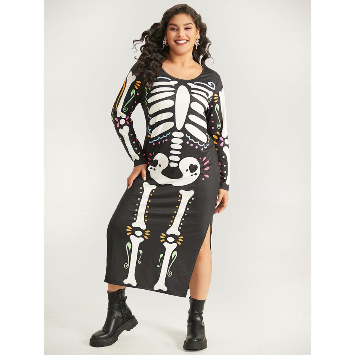 Plus Size Halloween Skull Print Round Neck Split Hem Dress Black Women Casual Printed Round Neck Long Sleeve Curvy Midi Dress BloomChic 30/6X Product Image