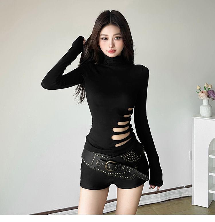 Long-Sleeve Mock Neck Cutout Plain Top Product Image