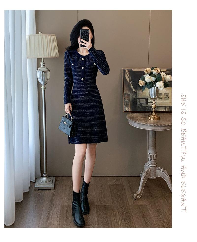 Long-Sleeve Round Neck Striped Knit A-Line Dress Product Image