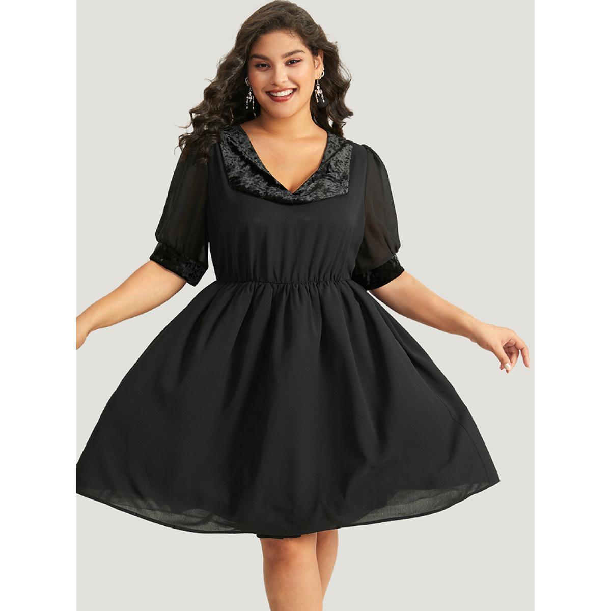 Plus Size Halloween Plain Lapel Collar Lantern Sleeve Mesh Dress Black Women Elegant See through V-neck Half Sleeve Curvy Knee Dress BloomChic 12/L Product Image
