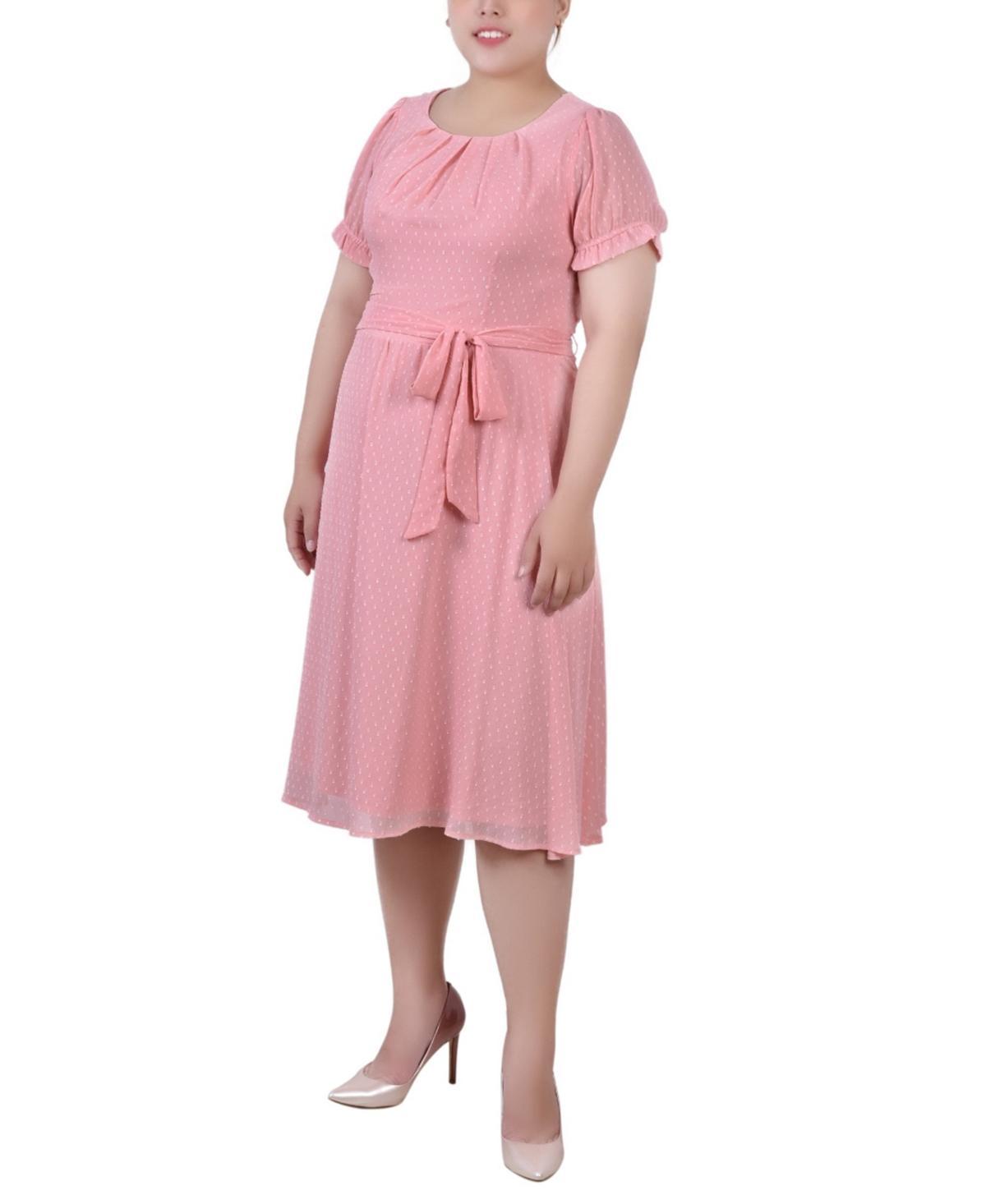 Ny Collection Plus Size Short Sleeve Belted Swiss Dot Dress Product Image