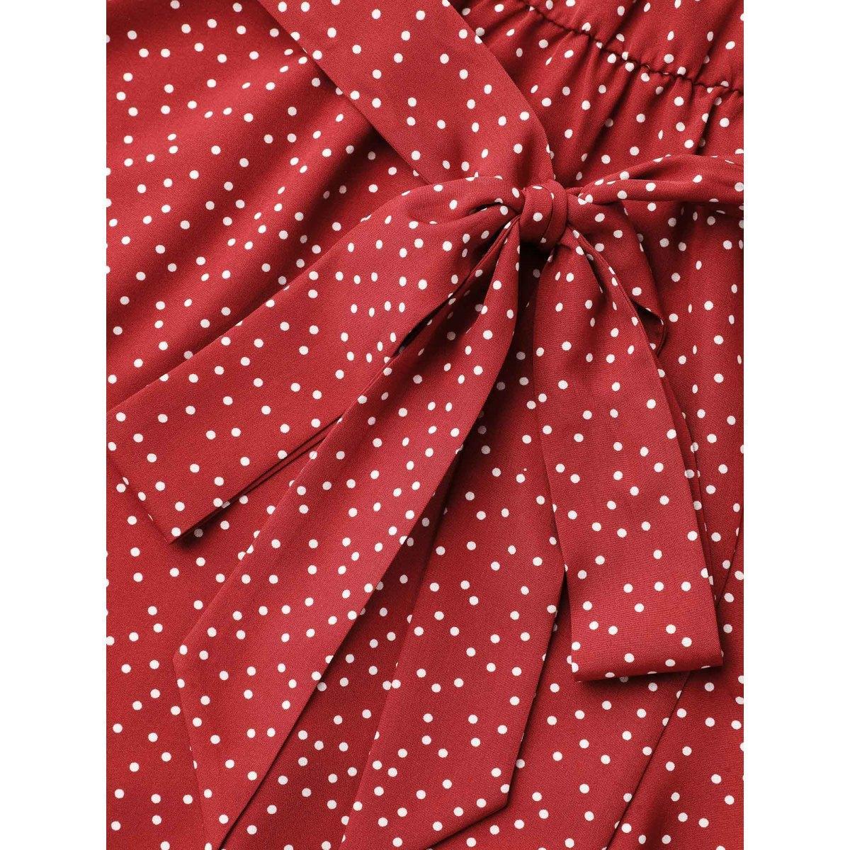 Plus Size Polka Dots Waist-Tie Ruffled Midi Dress Scarlet Women Elegant Overlapping V-neck Elbow-length sleeve Curvy BloomChic 28/5X Product Image