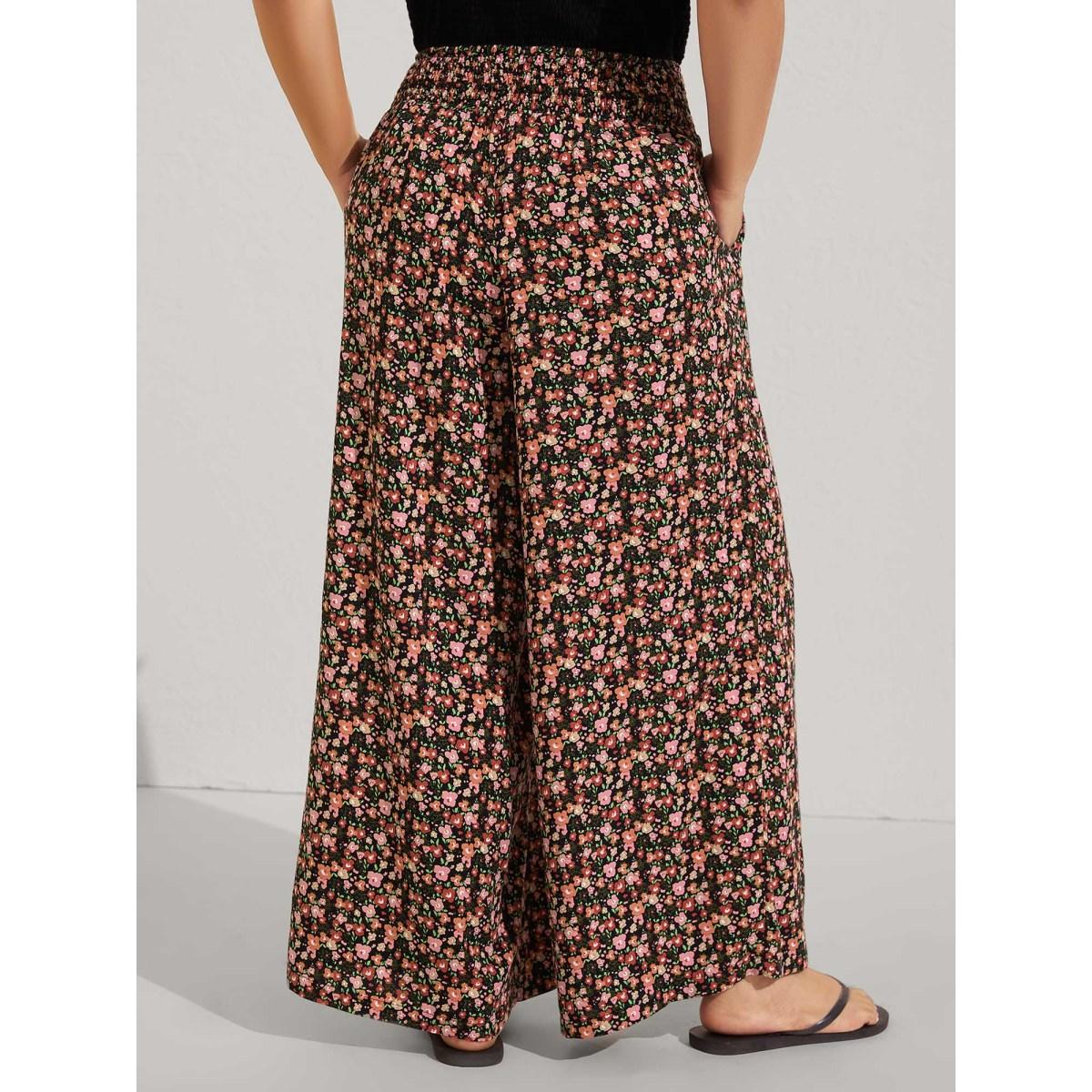 Plus Size Shirred Waist Ditsy Floral Wide-Leg Pants Women BlackFlower Resort Wide Leg Mid Rise Vacation Pants BloomChic 12/L Product Image