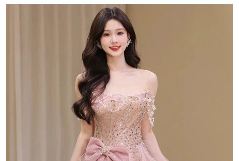 Sequin Bow Ruffle Mesh A-Line Tube Evening Gown Product Image