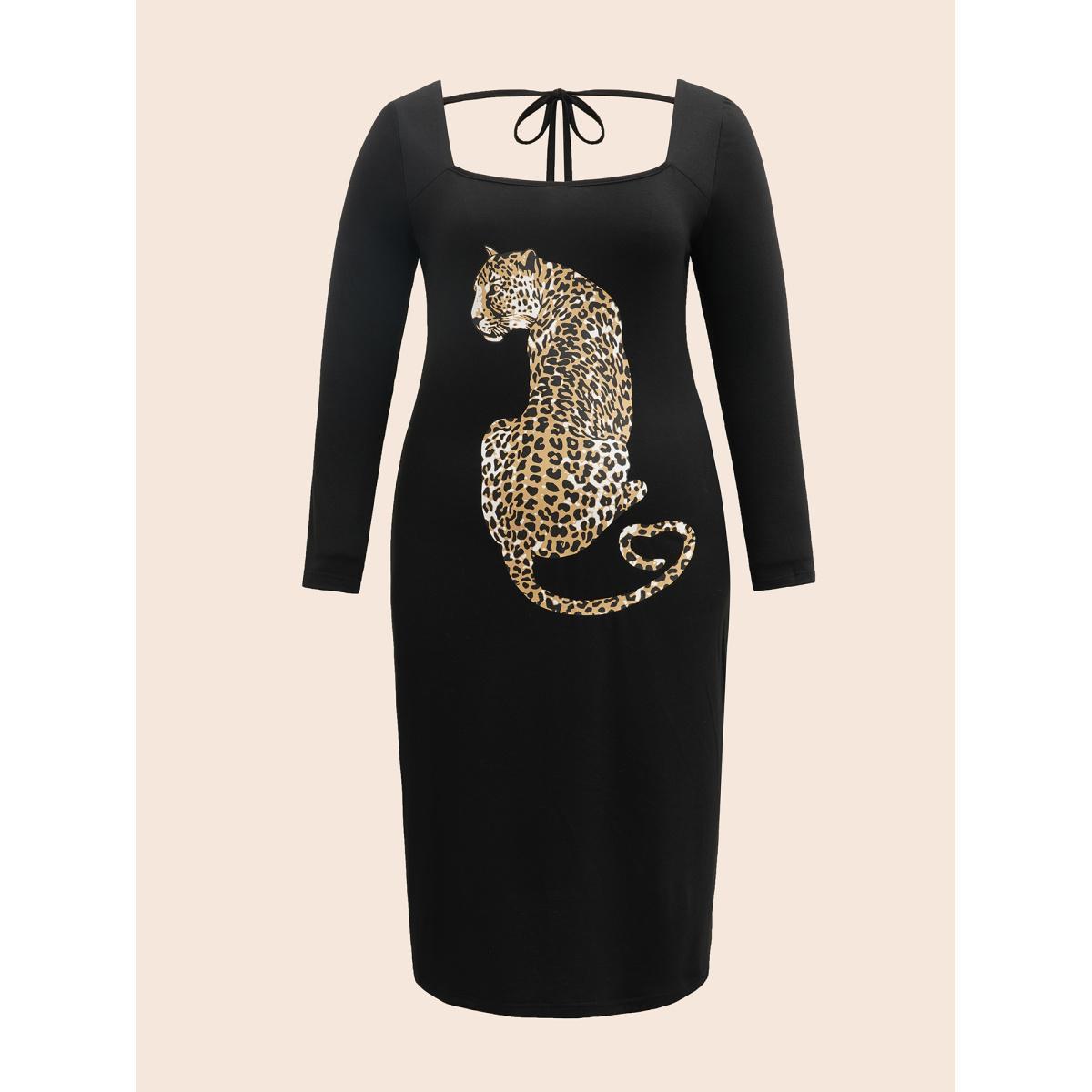 Plus Size Leopard Print Square Neck Tie Knot Dress Black Women Elegant Tie knot Square Neck Long Sleeve Curvy BloomChic 30/6X Product Image