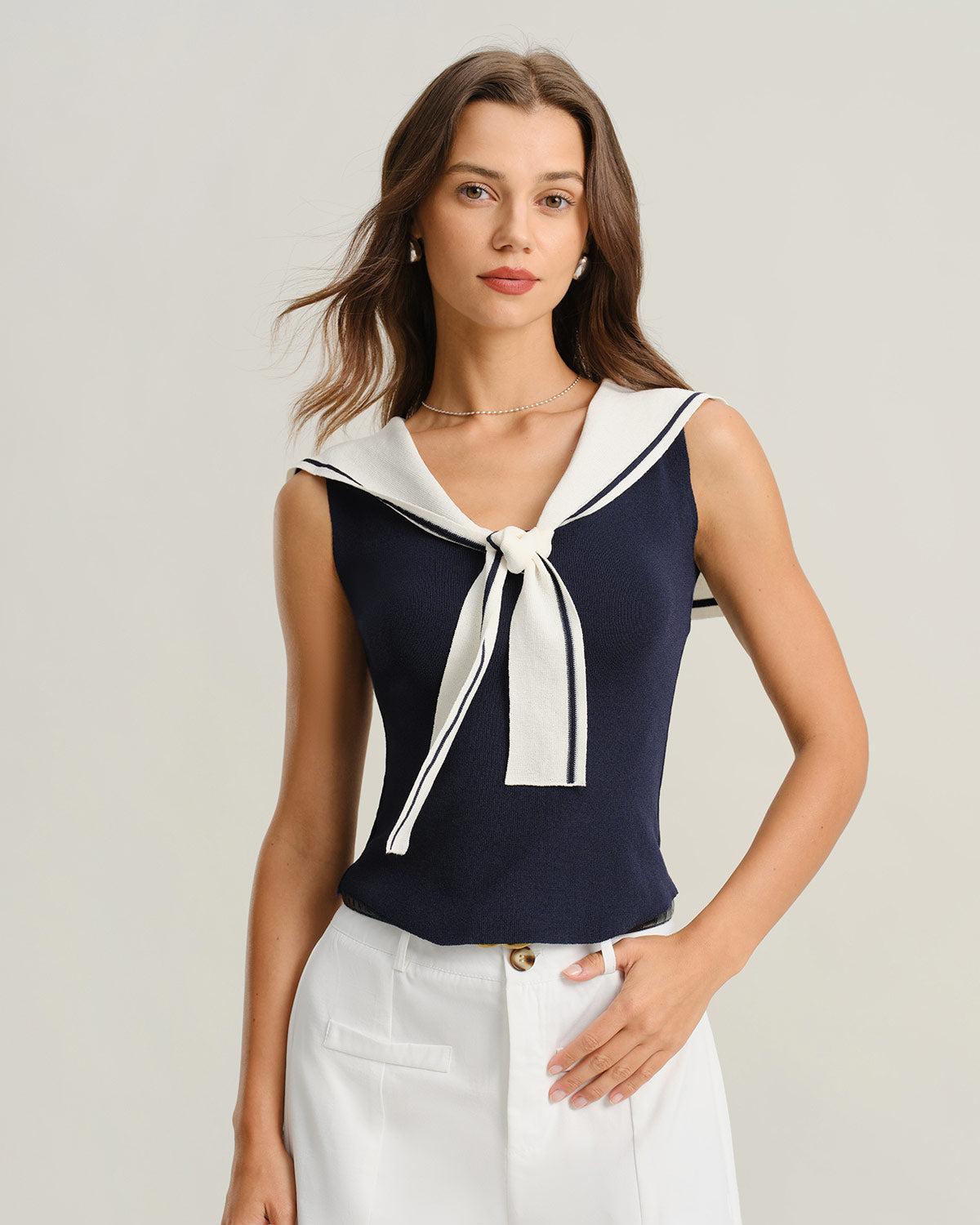 Blue Contrast V Neck Tank Top Product Image