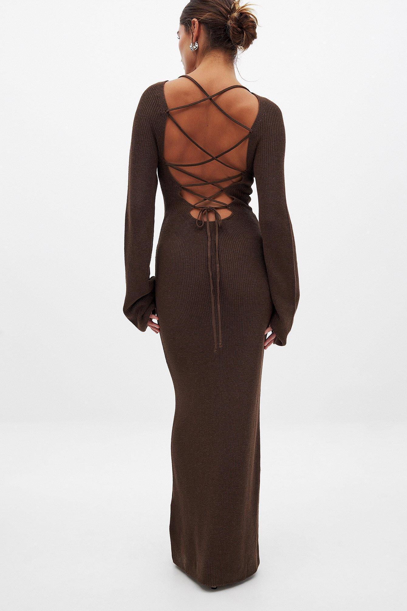 Open Back Lace Detail Knitted Maxi Dress Beige Product Image