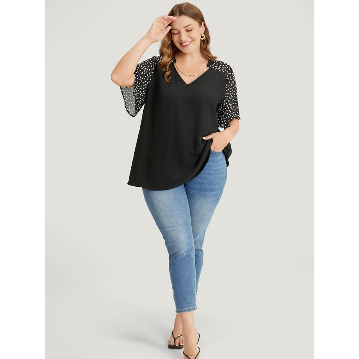 Plus Size Black Polka Dot Patchwork Flutter Sleeve Chain Detail Blouse Women Elegant Short sleeve V-neck Dailywear Blouses BloomChic 12/L Product Image
