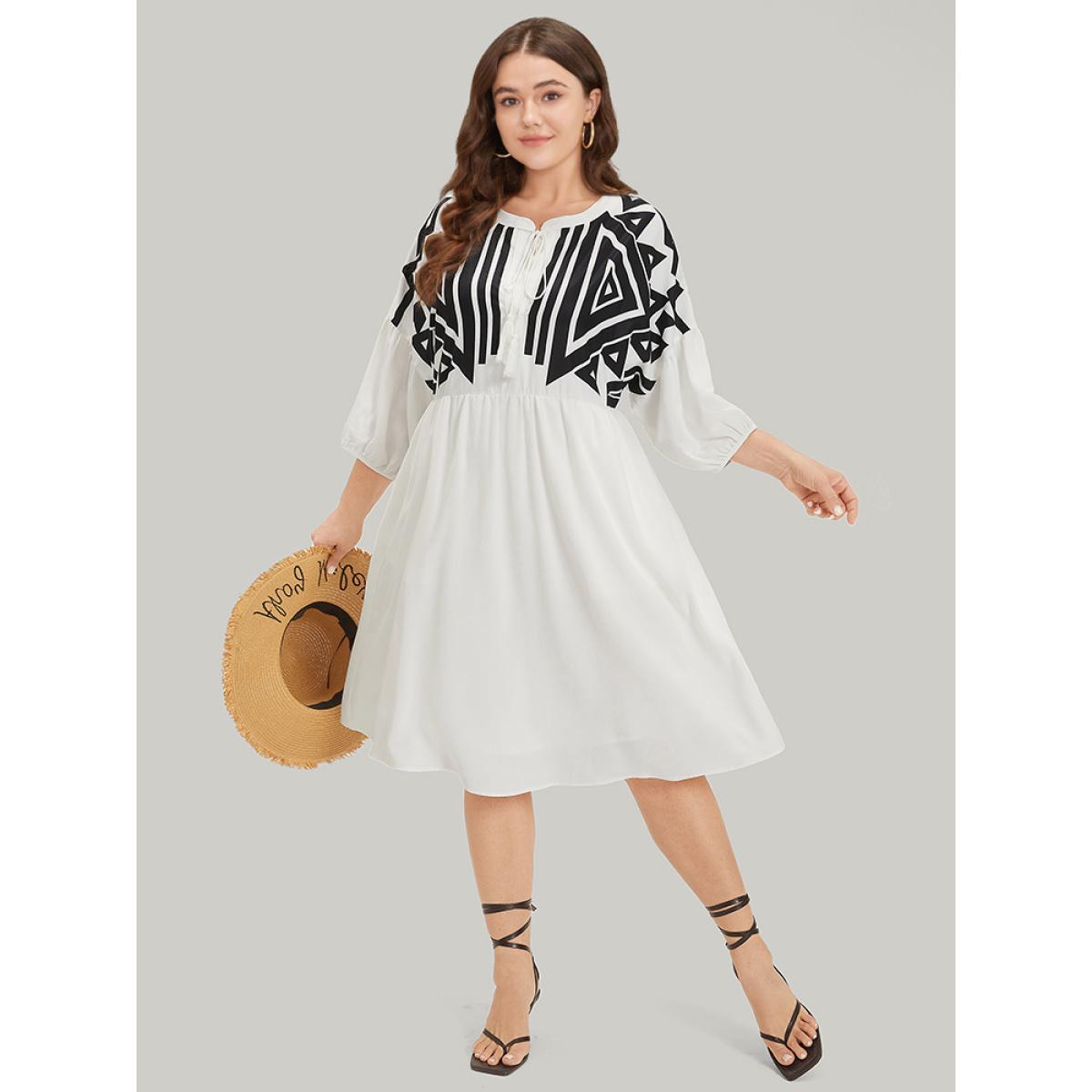 Plus Size Geometric Print Notched Ties Tassels Elastic Cuffs Dress White Women Vacation Elastic cuffs Notched collar Elbow-length sleeve Curvy Midi Dress BloomChic 22-24/3X Product Image